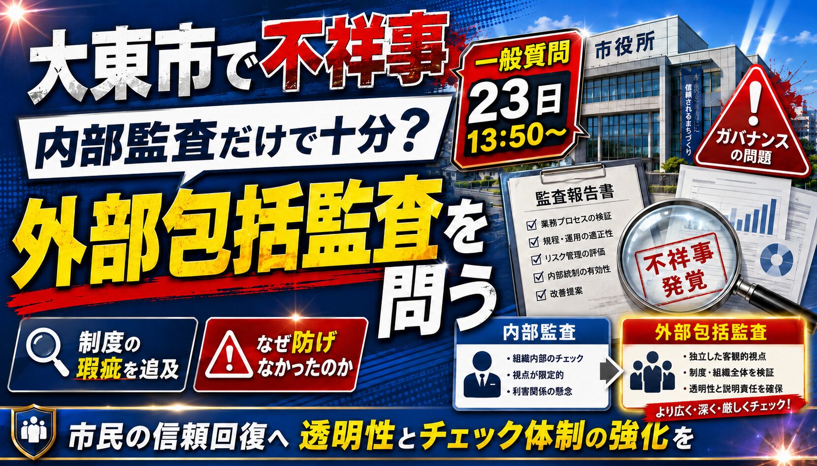 大東市で不祥事、内部監査だけで十分か、包括外部監査を問う、一般質問23日13時50分